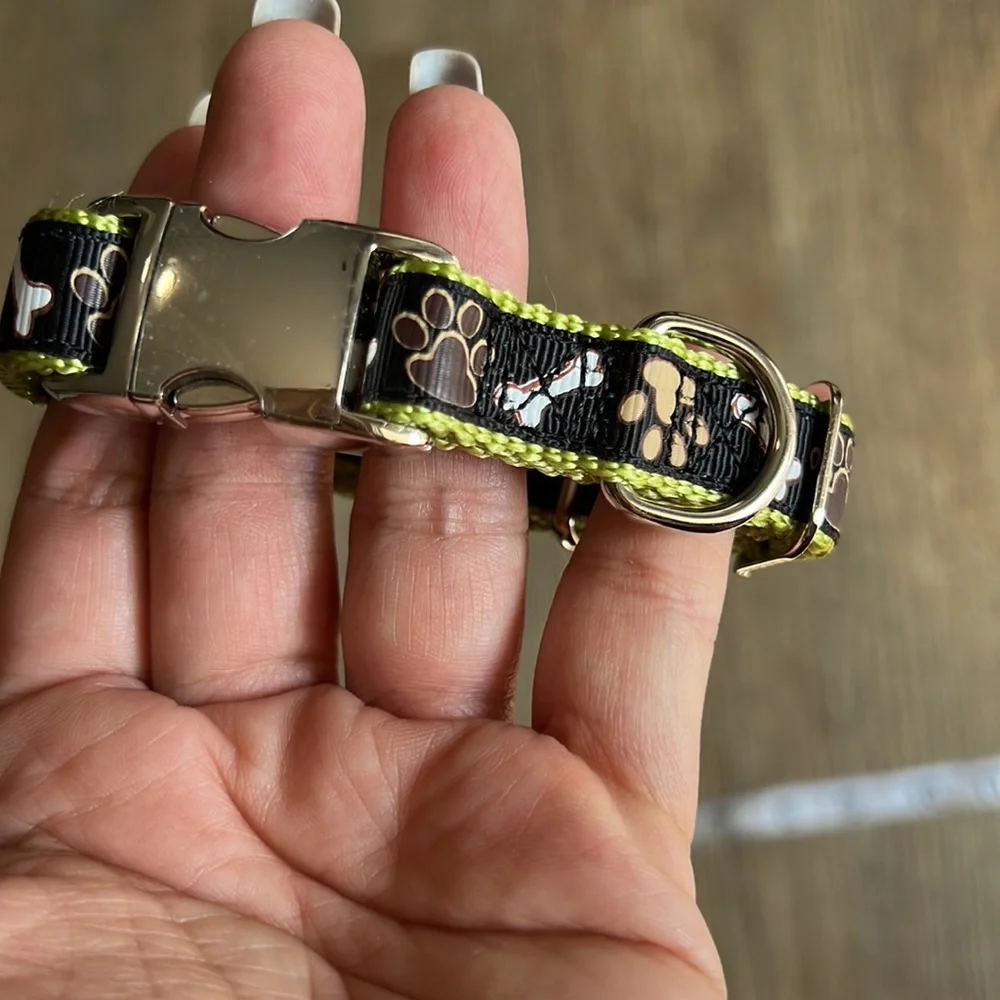 Small dog collar paws and bones black brown and green